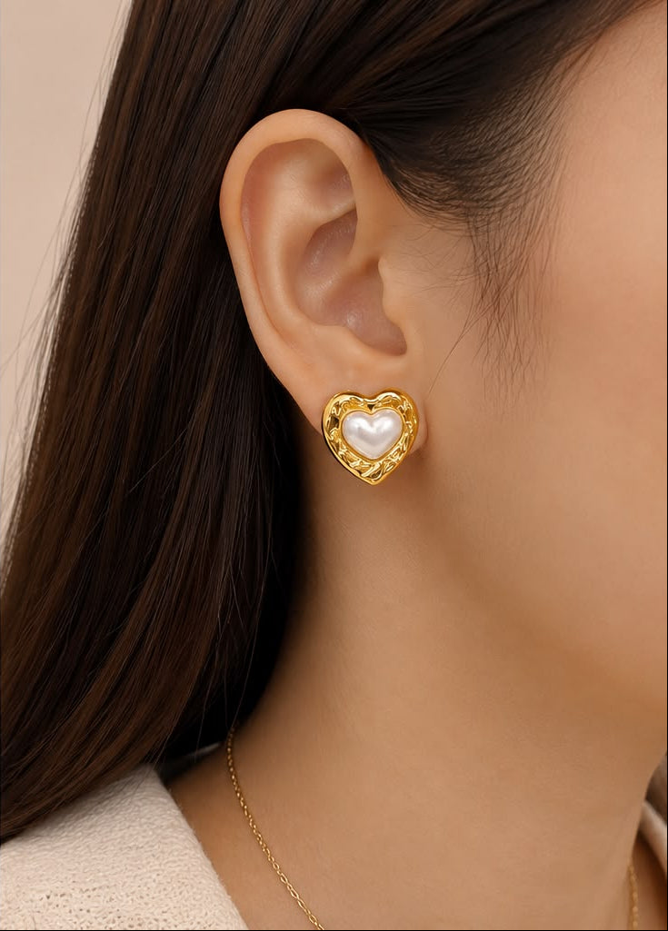 Golden Embrance Pearl Heart Studs