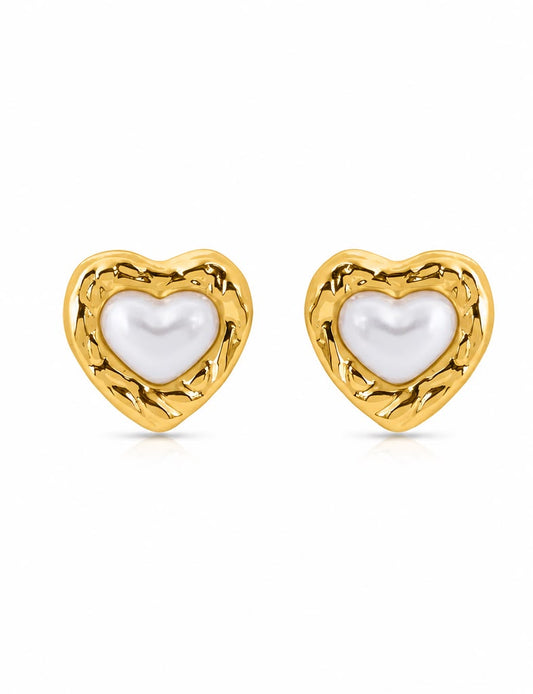 Golden Embrance Pearl Heart Studs